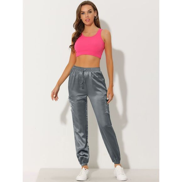 Satin Joggers Drawstring Elastic High Waist Silky Cargo Pants Grey - Picture 3 of 5